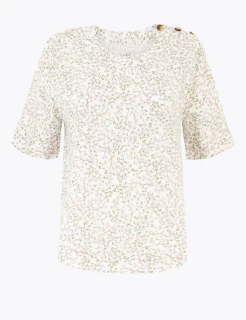 Льняная тканая блузка с цветочным принтом(Льняная тканая блузка с цветочным принтом)
