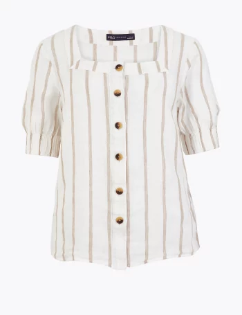 Льняная полосатая блузка с квадратным вырезом(Льняная полосатая блузка с квадратным вырезом)